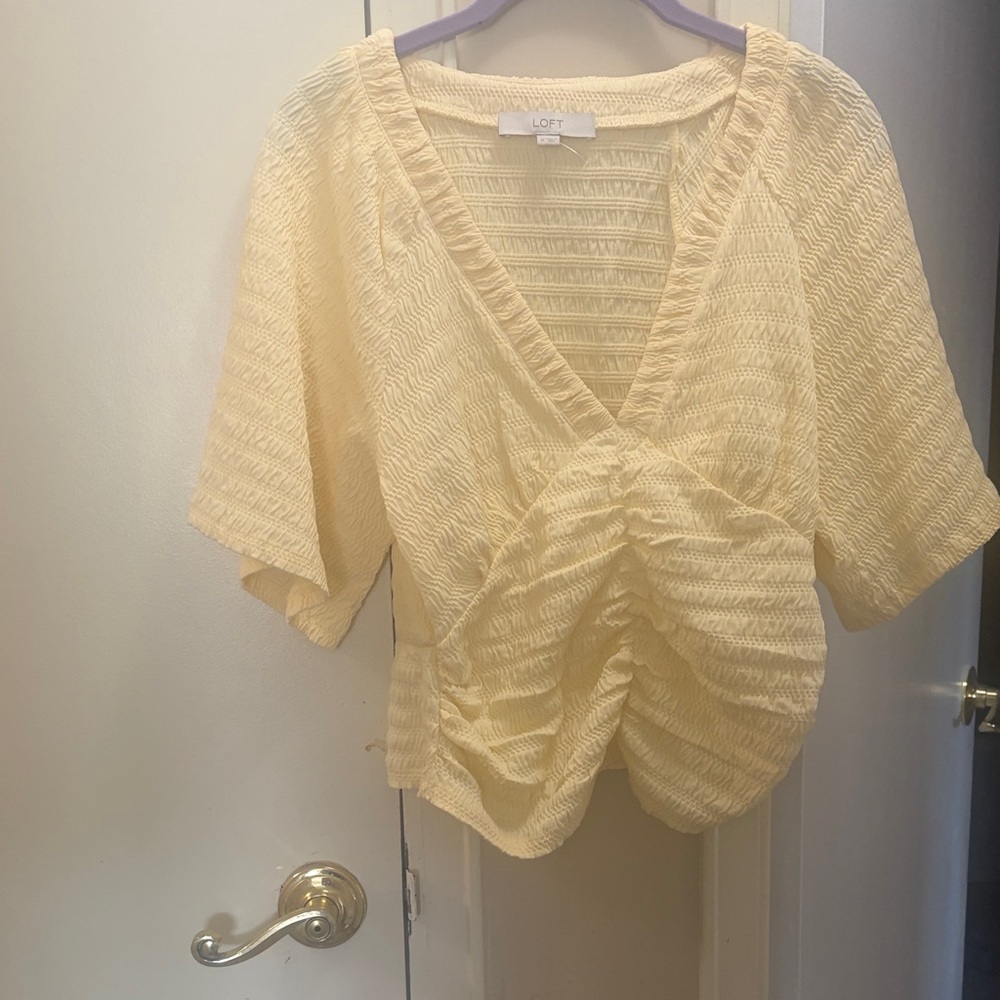 LOFT Cream Ruched V-Neck Short Sleeve Blouse